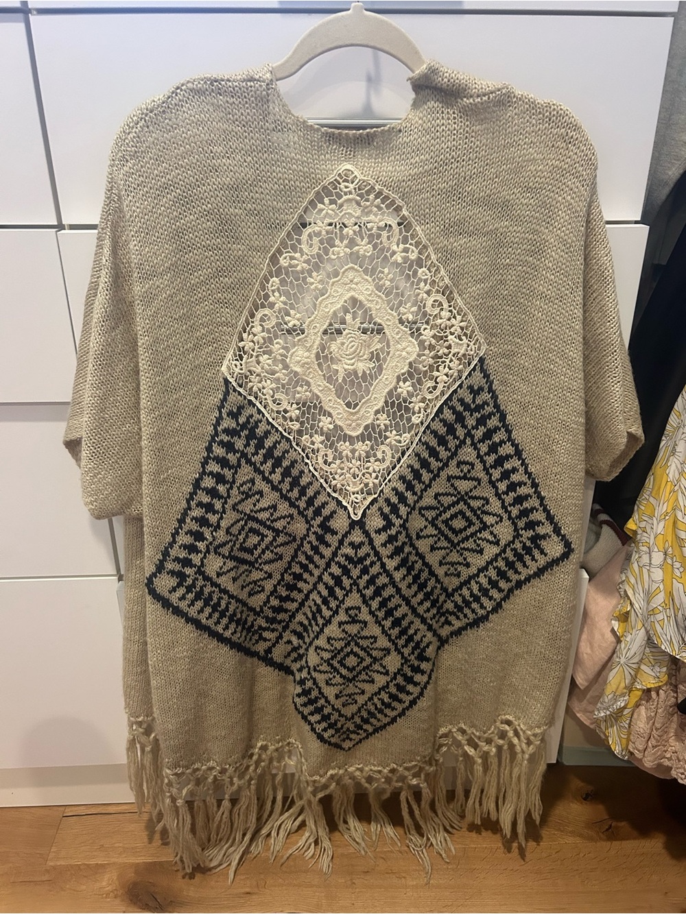 Blu Pepper Beige Knit Fringe Tunic with Navy Geometric and Cream Lace Panel